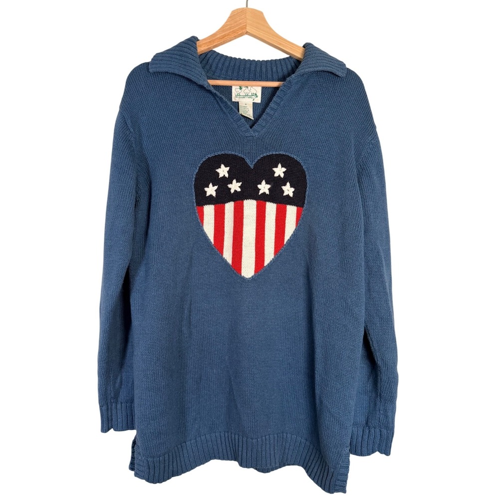 The Quaker Factory Blue Heart Flag USA Sweater‎ Size M Ramie Cotton American